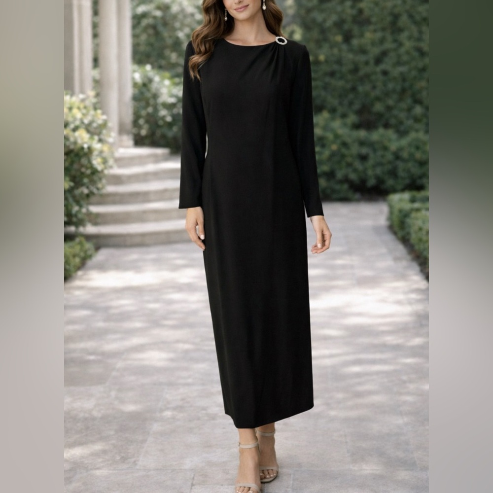 Ellen Tracy Dress 12 Crepe Long Sleeve Formal Column Wedding Cruise Party
